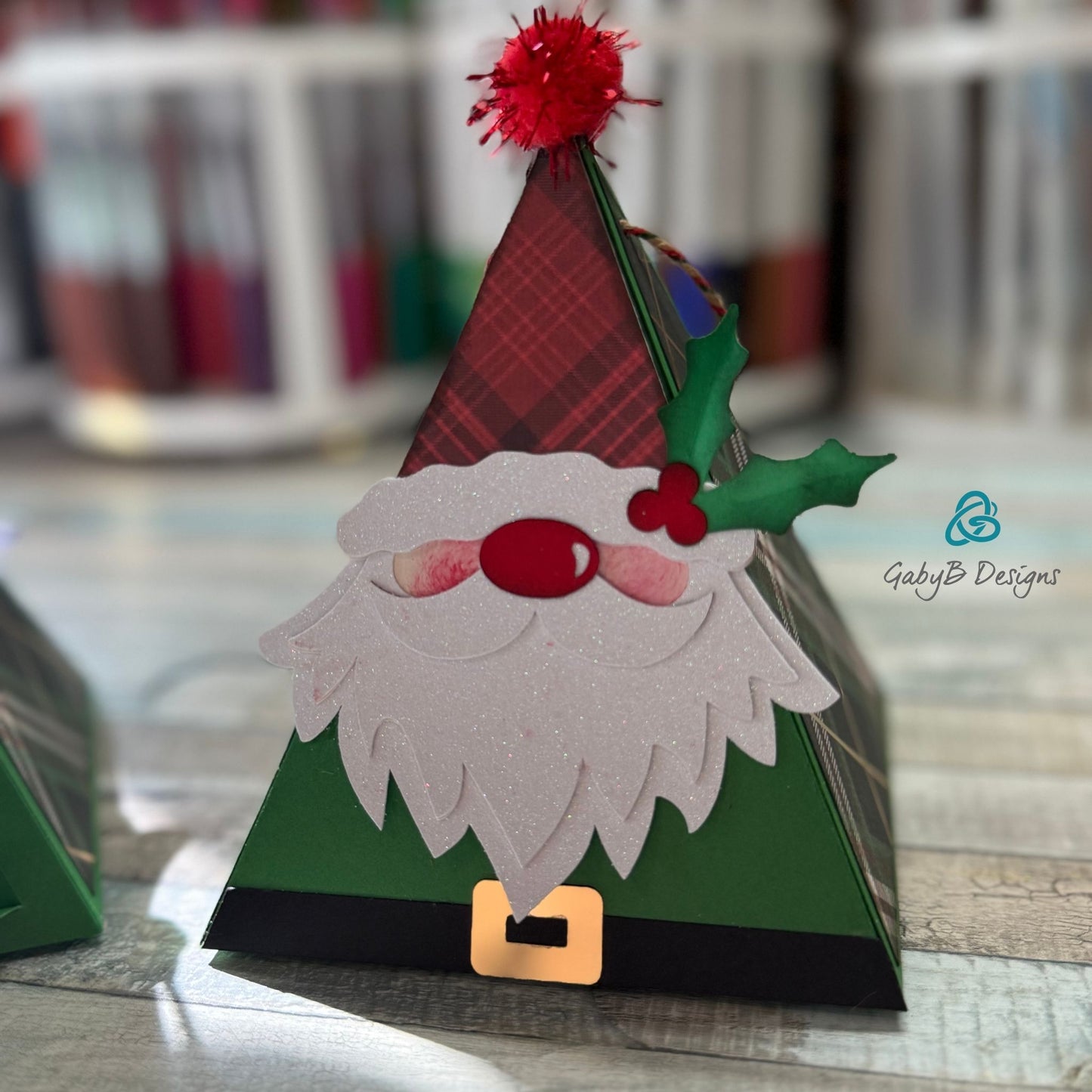 Handmade Christmas treat box with plaid pattern and glitter Santa face