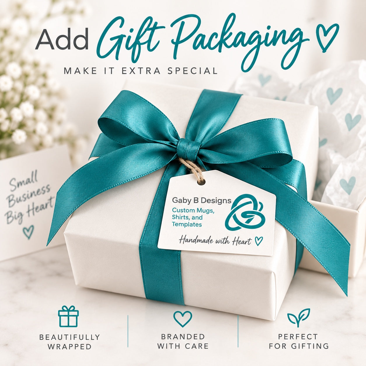 Gift packaging add-on with teal ribbon and Gaby B Designs branding