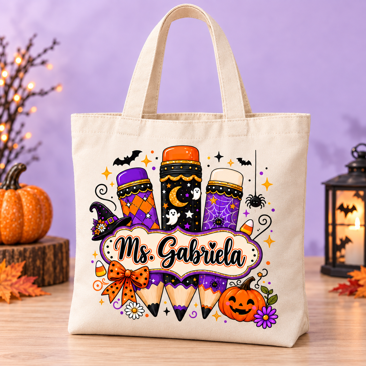 Personalized Halloween Pencil Teacher Tote Bag | Custom Name