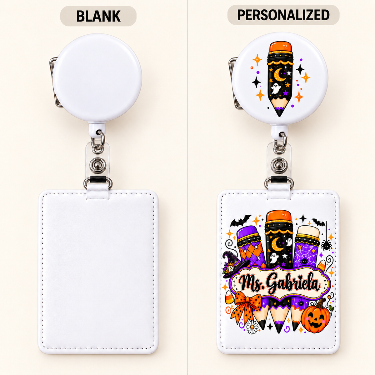 Blank white badge holder and reel beside personalized holder and motif-only reel