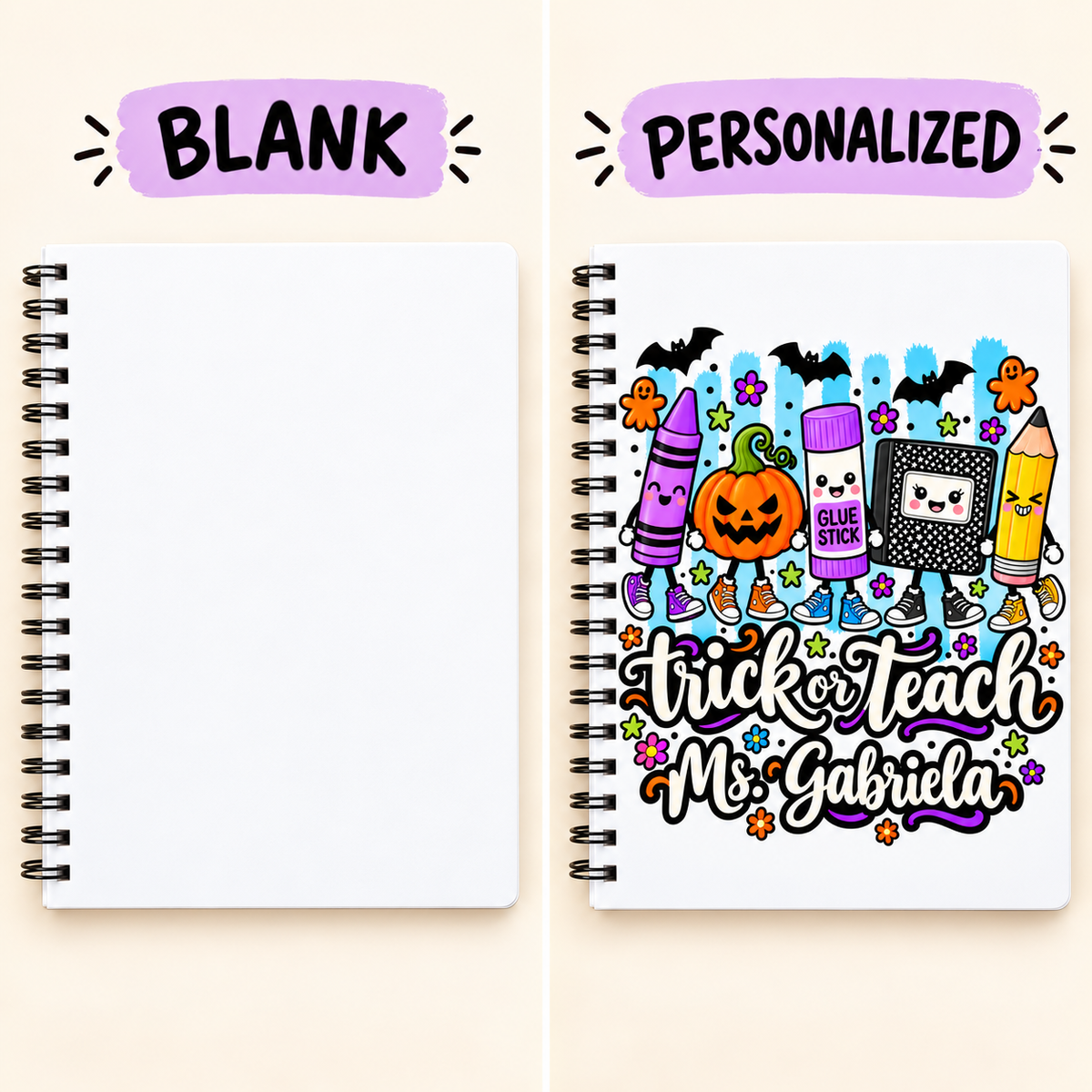 Square blank-to-personalized example of the trick or teach notebook teacher item; sample name shown
