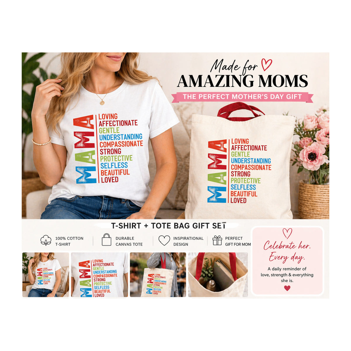 MAMA affirmation T-shirt and canvas tote bag Mother’s Day gift set