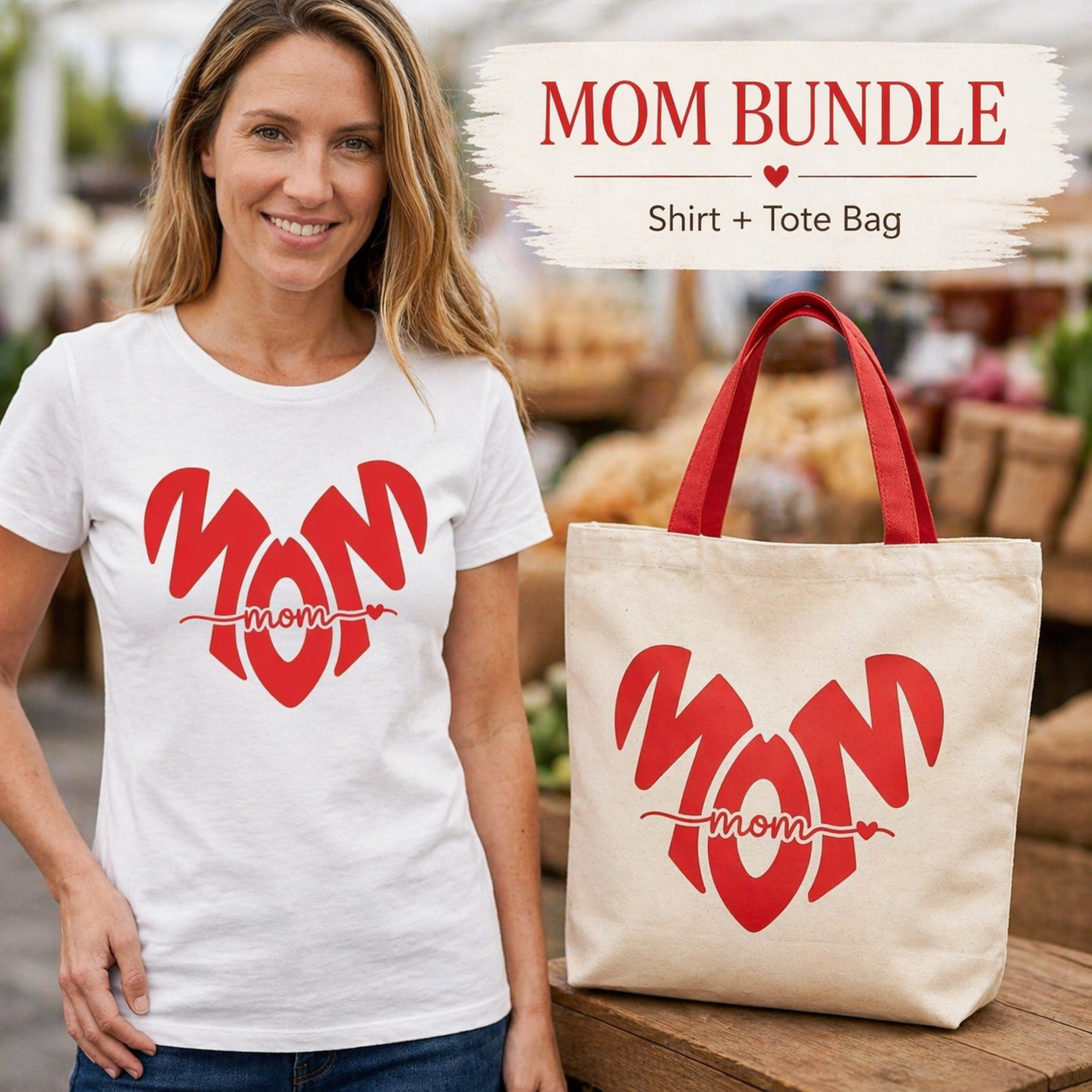 MOM Heart Gift Set – T-Shirt & Tote Bag | Mother’s Day Bundle