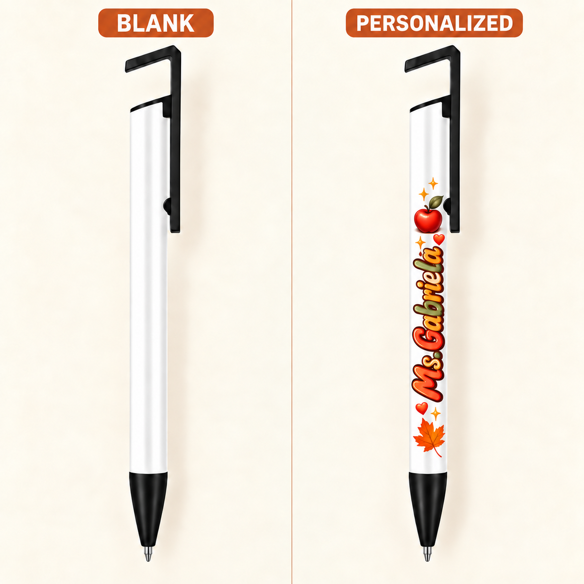 Autumn Teacher personalized pen mockup with name, red apple, small hearts and sparkles, and orange leaf matching the seven-piece bundle