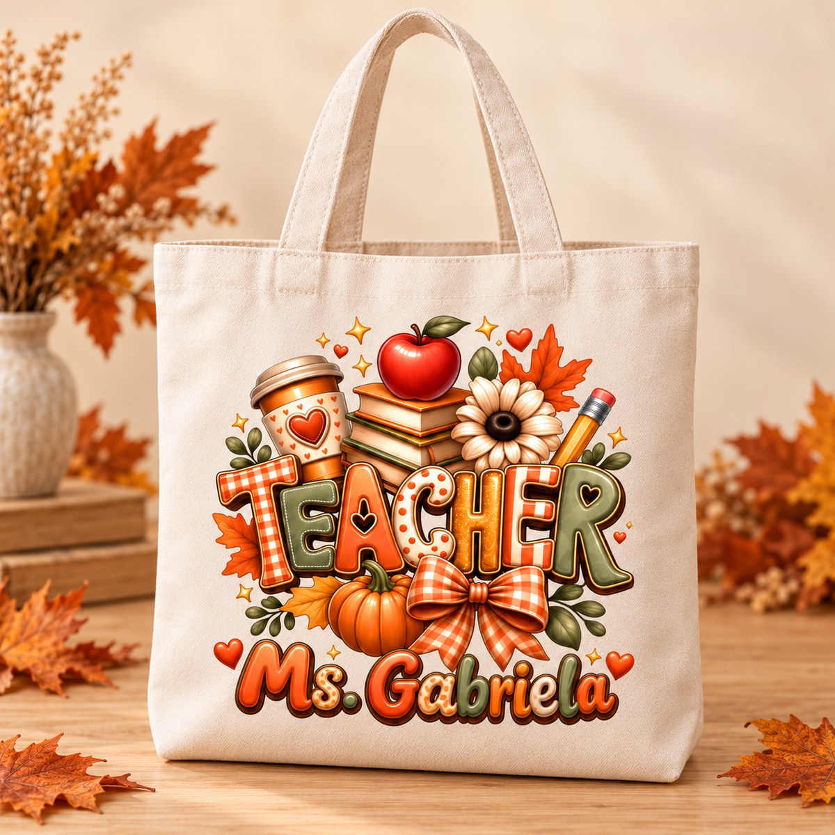 Personalized Autumn Teacher Tote Bag | Custom Name Gift