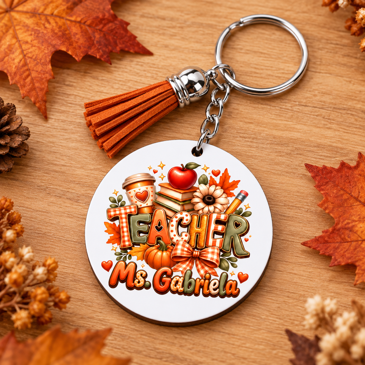 Personalized Autumn Teacher Wooden Keychain | Custom Name