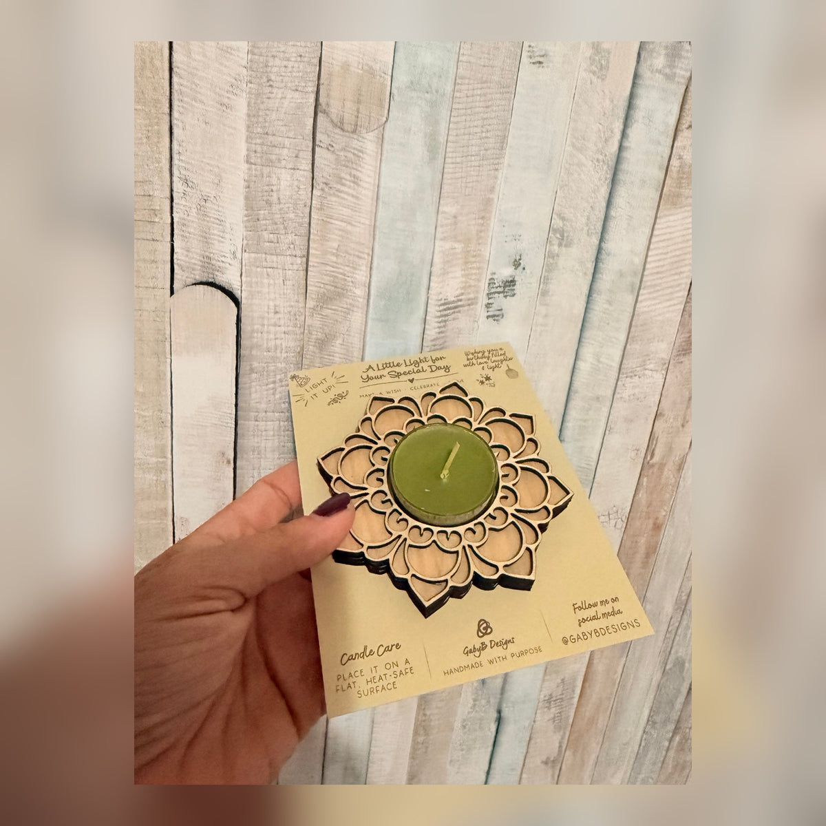 Birthday mandala tea-light candle holder shown at an angle with presentation card