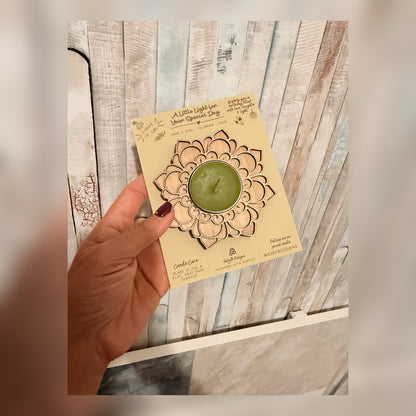 Handmade wooden birthday mandala tea-light holder with green candle on presentation card