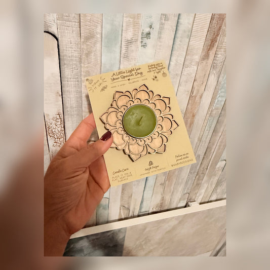 Handmade wooden birthday mandala tea-light holder with green candle on presentation card