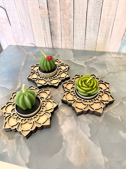 Birthday wooden mandala holders displaying assorted succulent candle upgrades; each purchase includes one holder and one candle