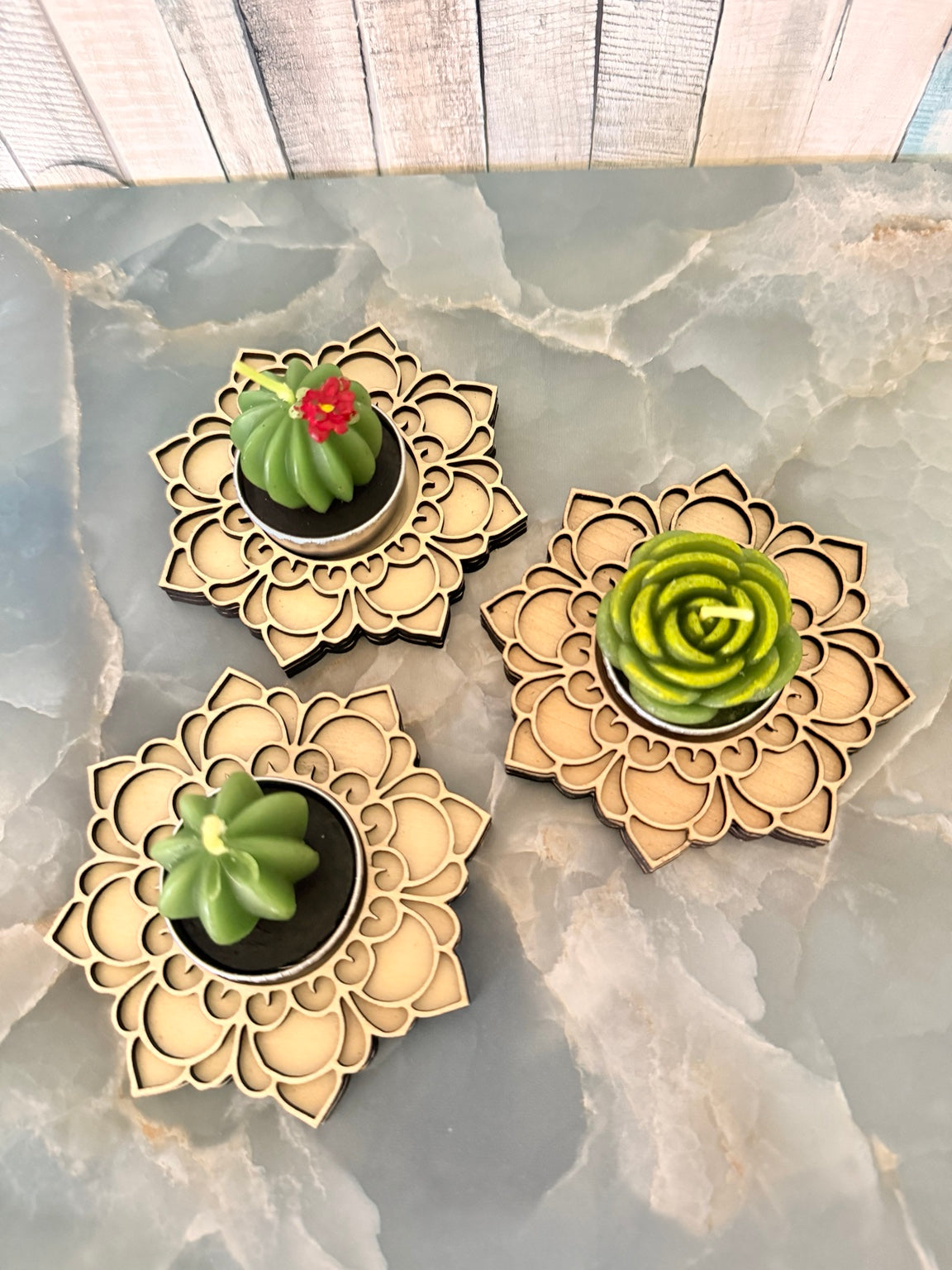 Birthday wooden mandala holders displaying assorted succulent candle upgrades; each purchase includes one holder and one candle
