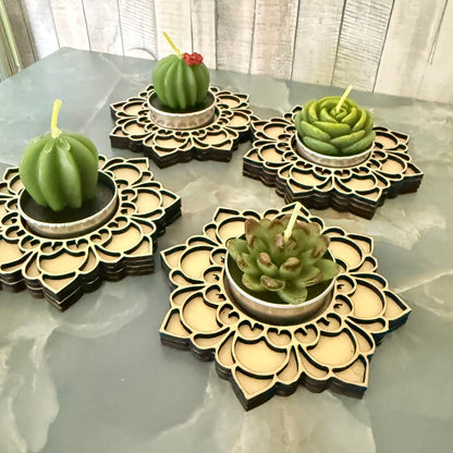 Birthday wooden mandala holders displaying assorted succulent candle upgrades; each purchase includes one holder and one candle