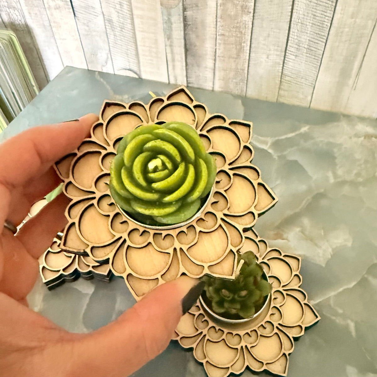 Birthday wooden mandala holder with optional succulent candle; style and color may vary