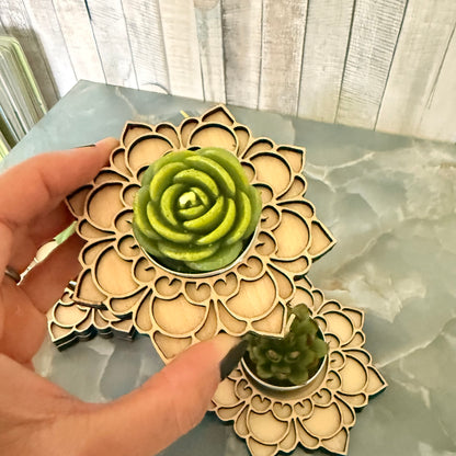 Birthday wooden mandala holder with optional succulent candle; style and color may vary