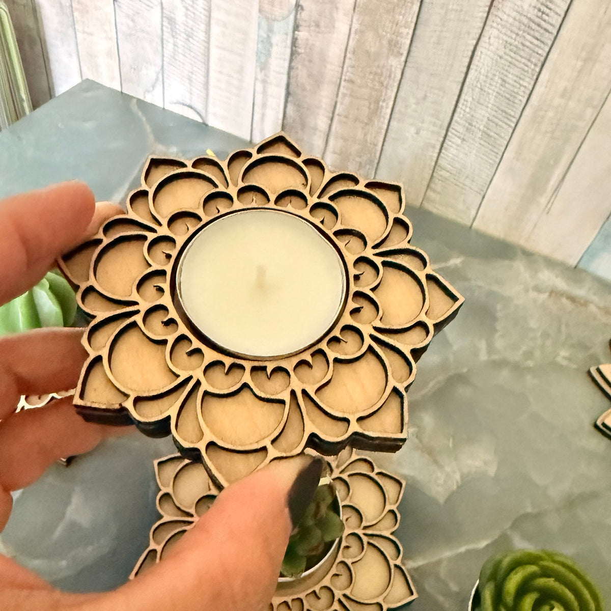 Birthday wooden mandala tea light holder with included white unscented candle