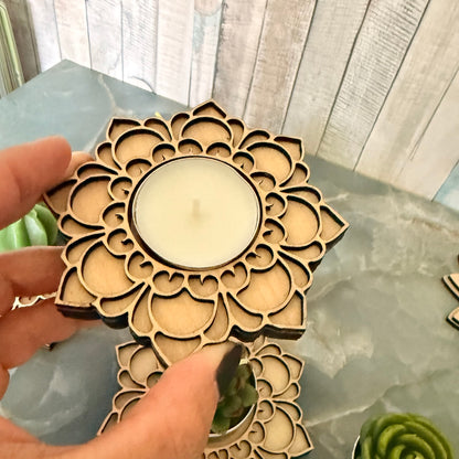 Birthday wooden mandala tea light holder with included white unscented candle