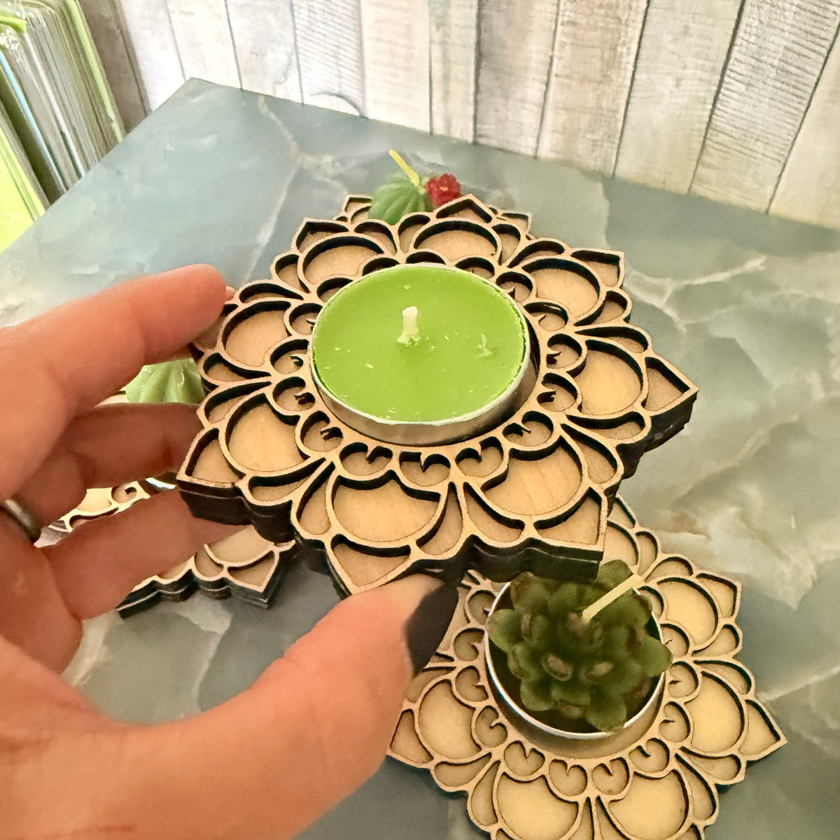 Birthday wooden mandala holder with optional green Spring-scented candle