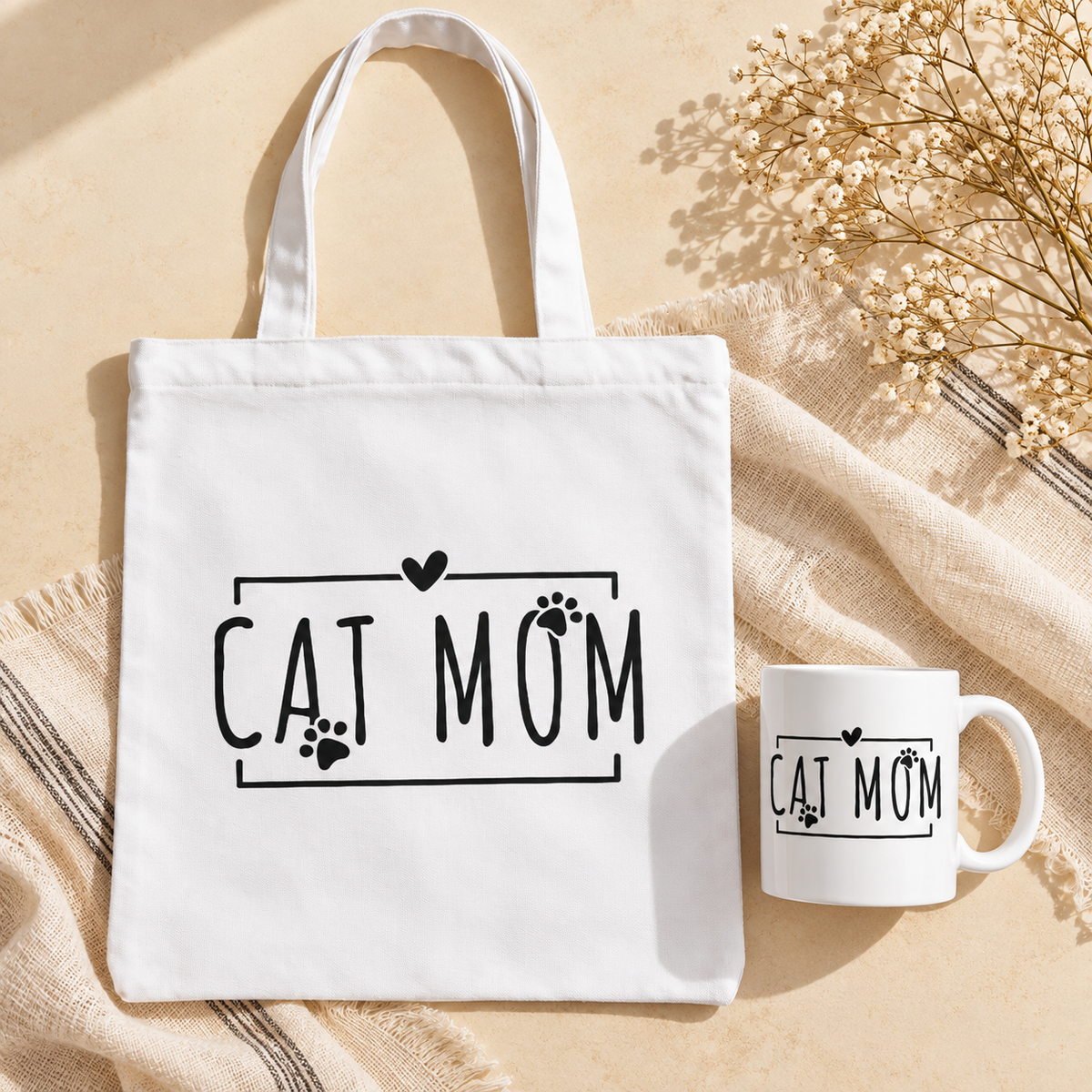 Cat Mom gift set with matching white mug and tote bag