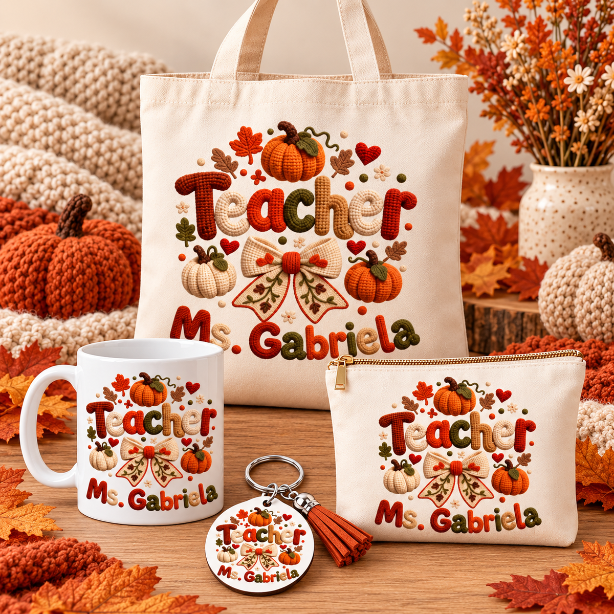 Four-piece crochet-autumn teacher set together