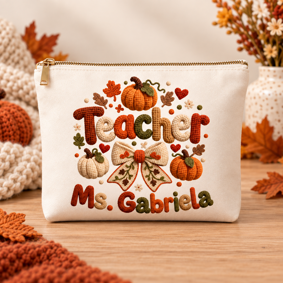 Personalized Crochet Autumn Teacher Makeup Bag | Fall Gift
