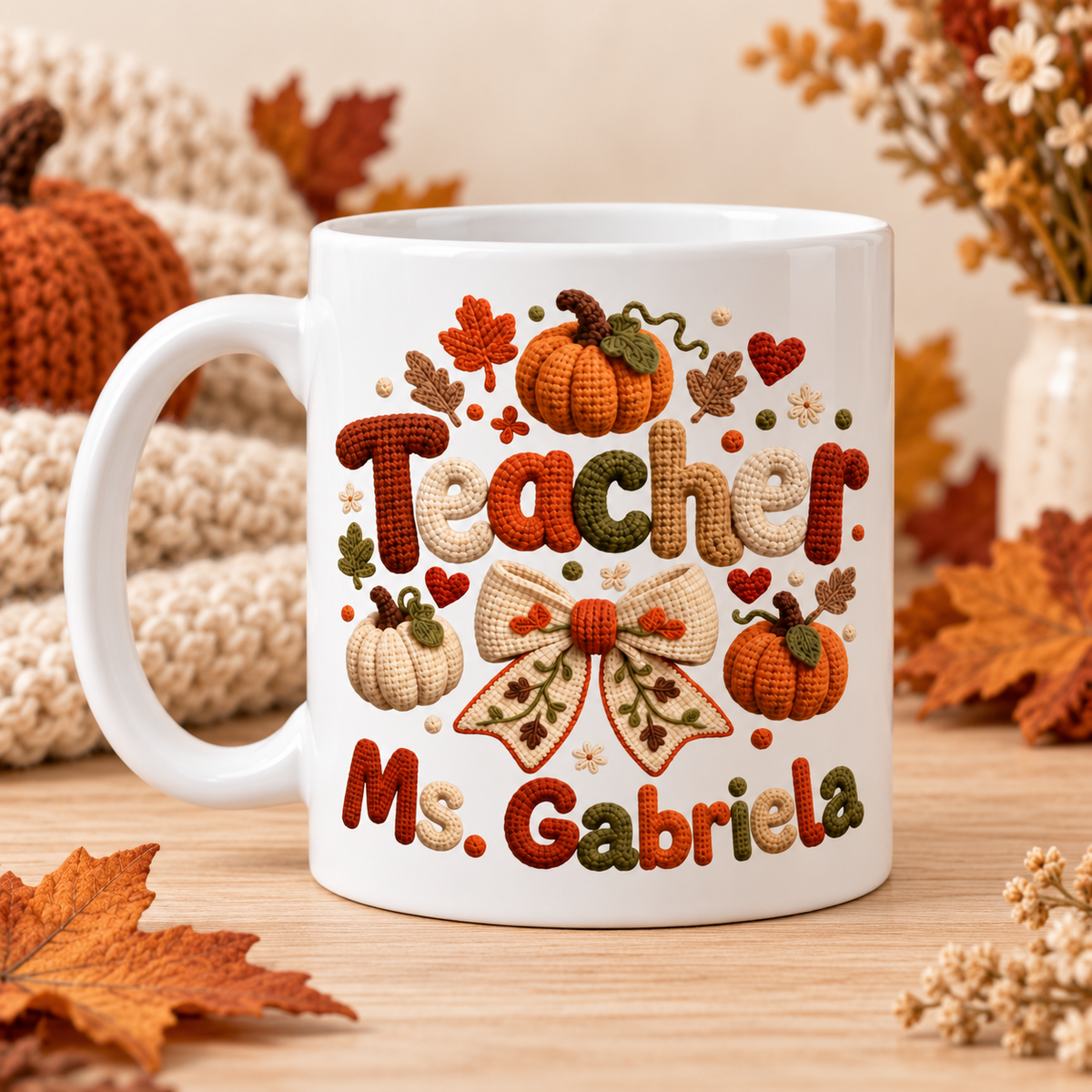 Personalized Crochet Autumn Teacher Mug | Custom Name