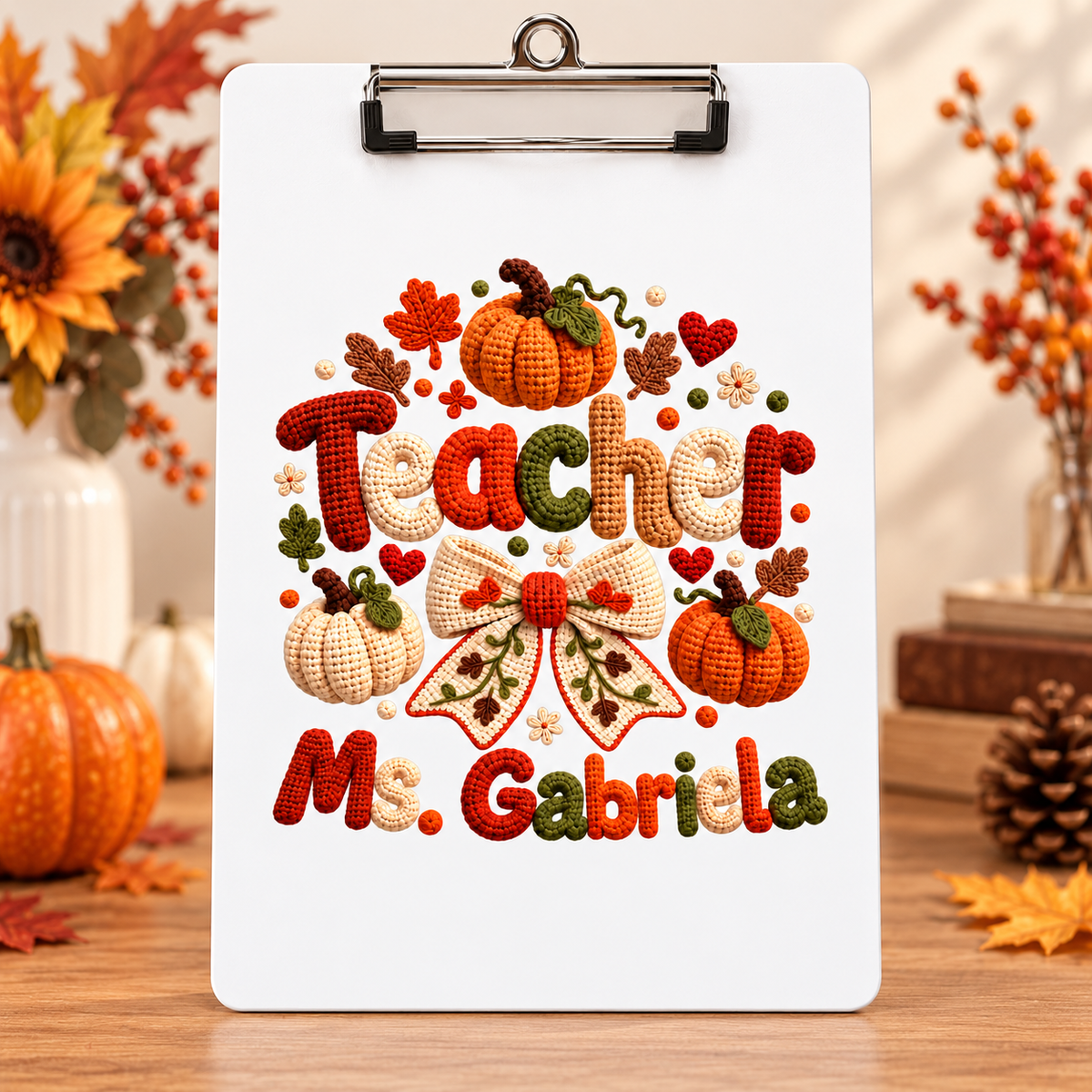 Personalized Crochet Autumn Teacher teacher clipboard with custom name