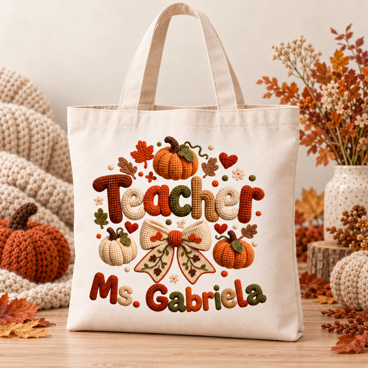 Personalized Crochet Autumn Teacher Tote Bag | Custom Name