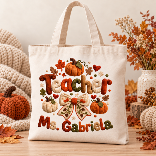 Personalized Crochet Autumn Teacher Tote Bag | Custom Name