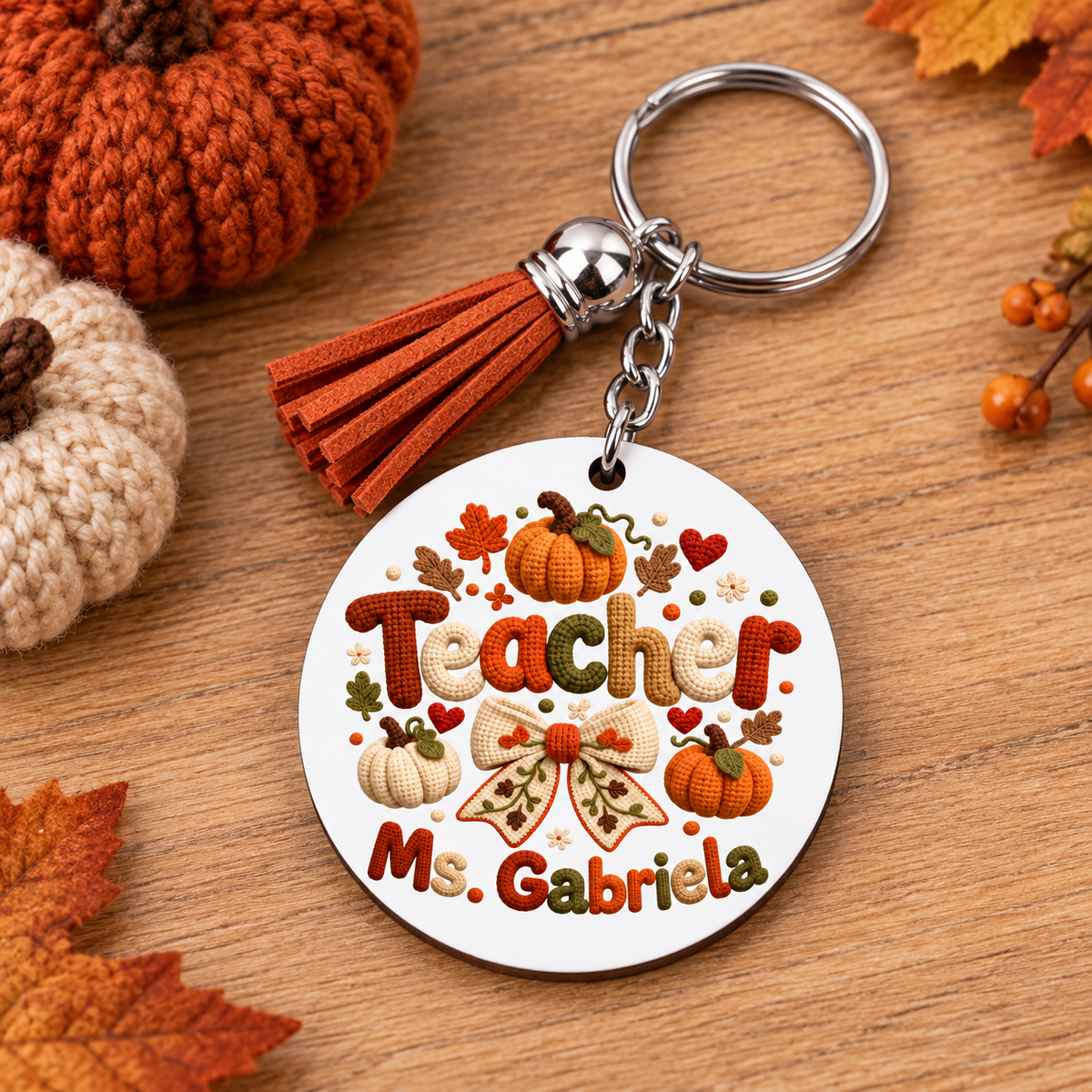 Personalized Crochet Teacher Wooden Keychain | Autumn Gift