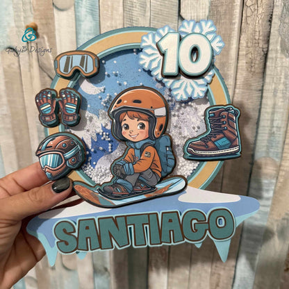 3D Snowboard Birthday Cake Topper personalized with name Santiago