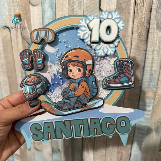 3D Snowboard Birthday Cake Topper personalized with name Santiago