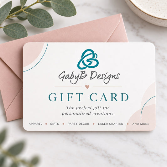 Gaby B Designs gift card with teal logo and soft blush accents