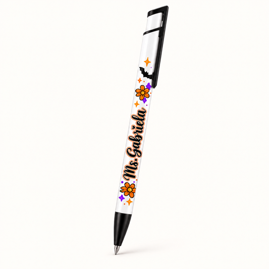 Halloween Pencil teacher pen mockup with sample name Ms. Gabriela, black clip and orange and purple motifs