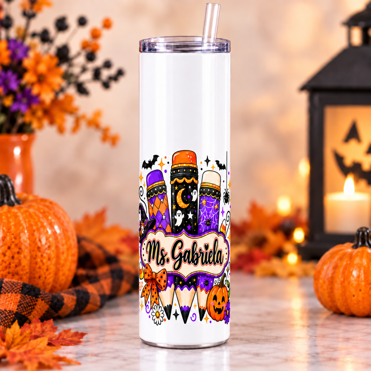 Personalized Halloween Pencil Teacher 20 oz skinny tumbler with lower design placement