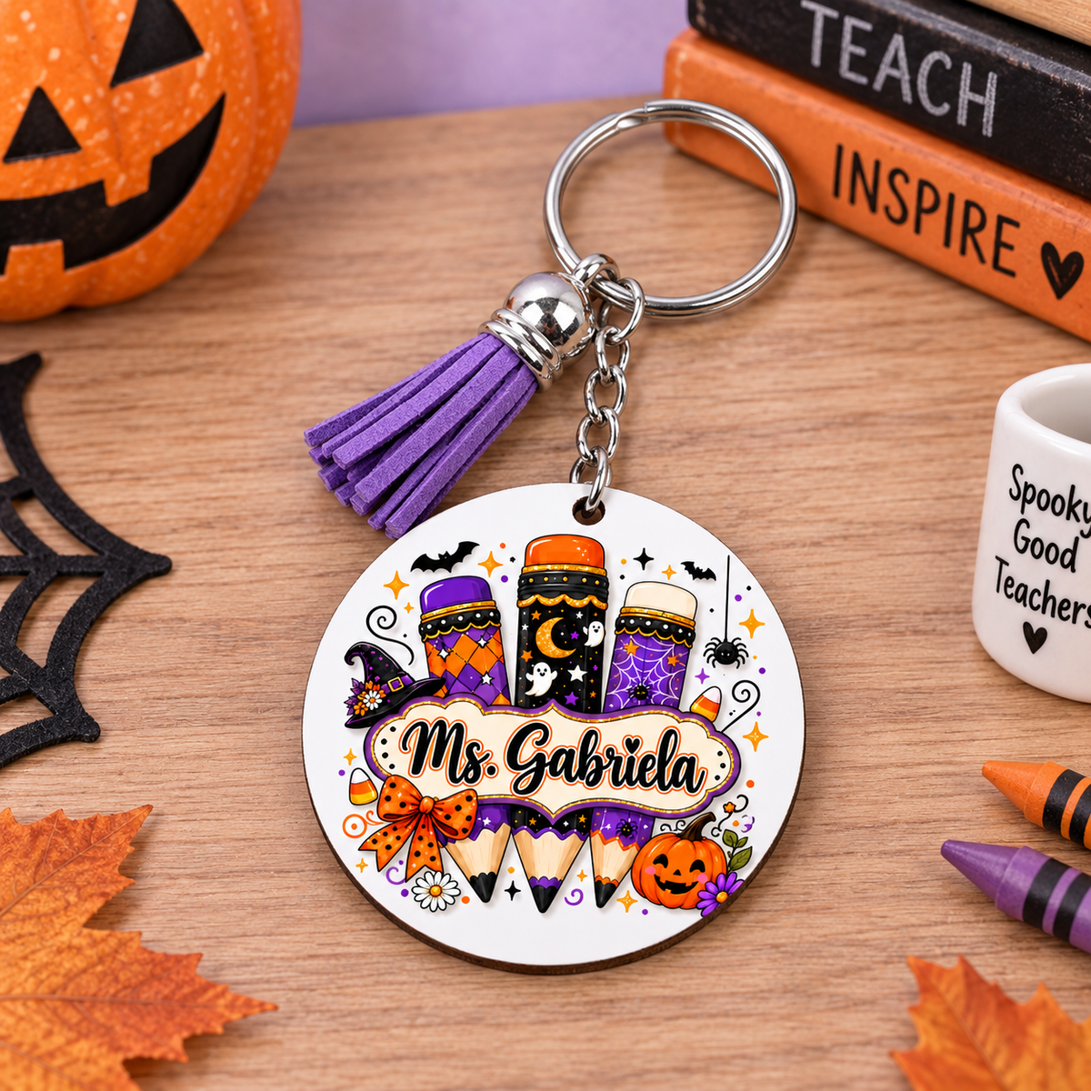 Personalized Halloween Pencil Teacher Wooden Keychain