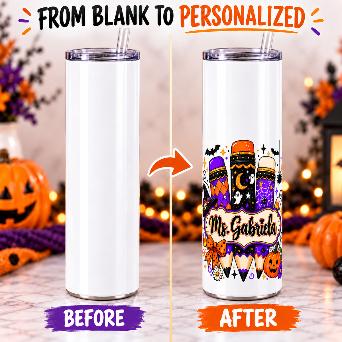 Halloween Pencils teacher tumbler from blank to personalized