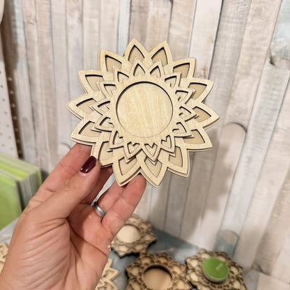 Close view of layered wooden mandala tea light holder with optional back engraving