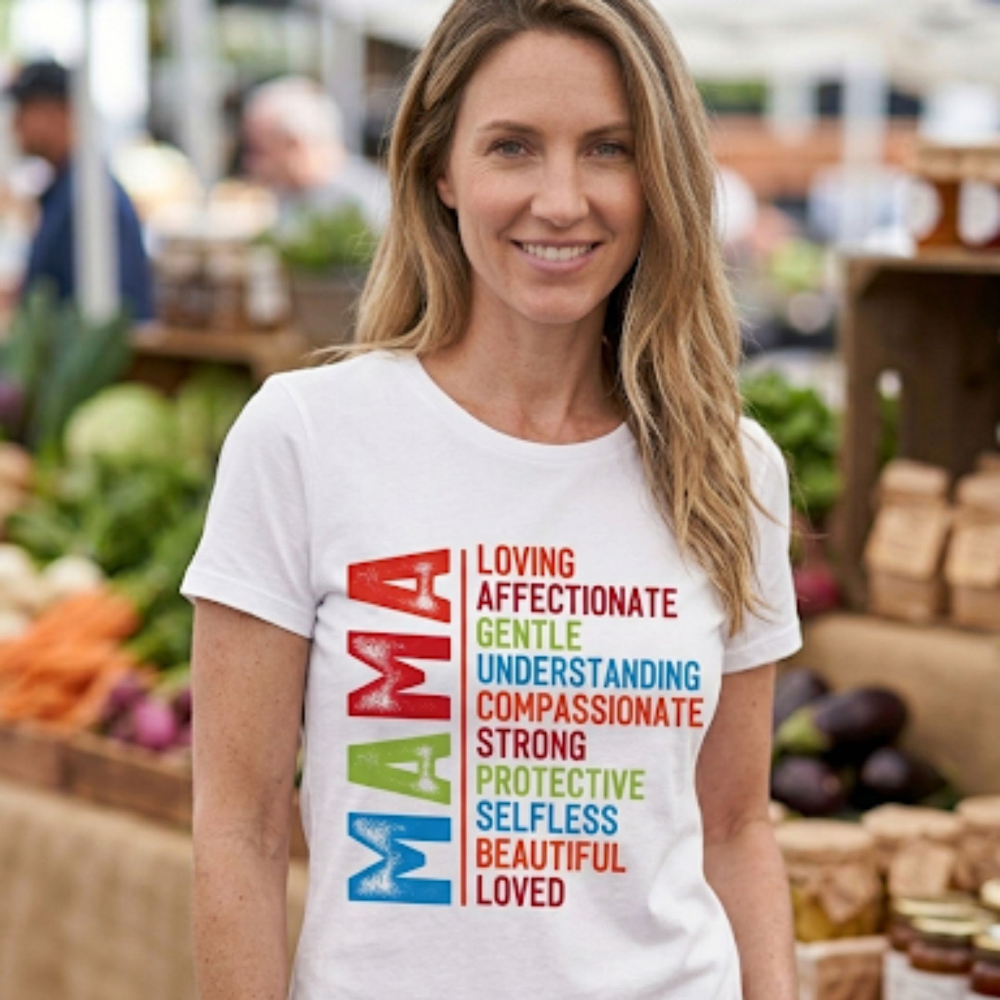 White MAMA affirmation t-shirt with colorful inspirational words, perfect Mother’s Day gift