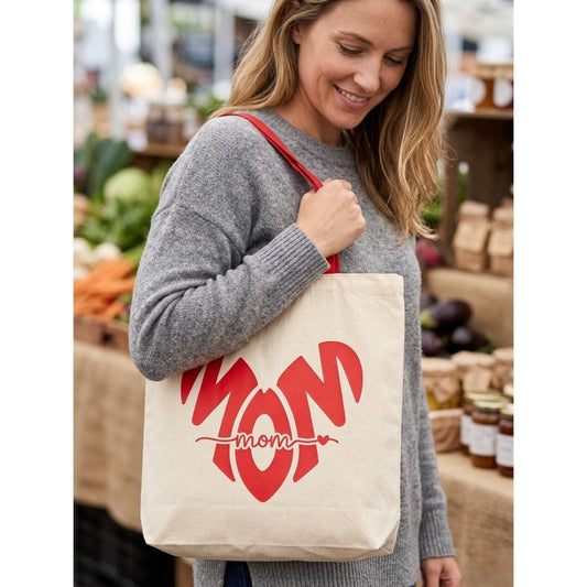 Mom canvas tote bag with bold red design, perfect reusable Mother’s Day gift for everyday use