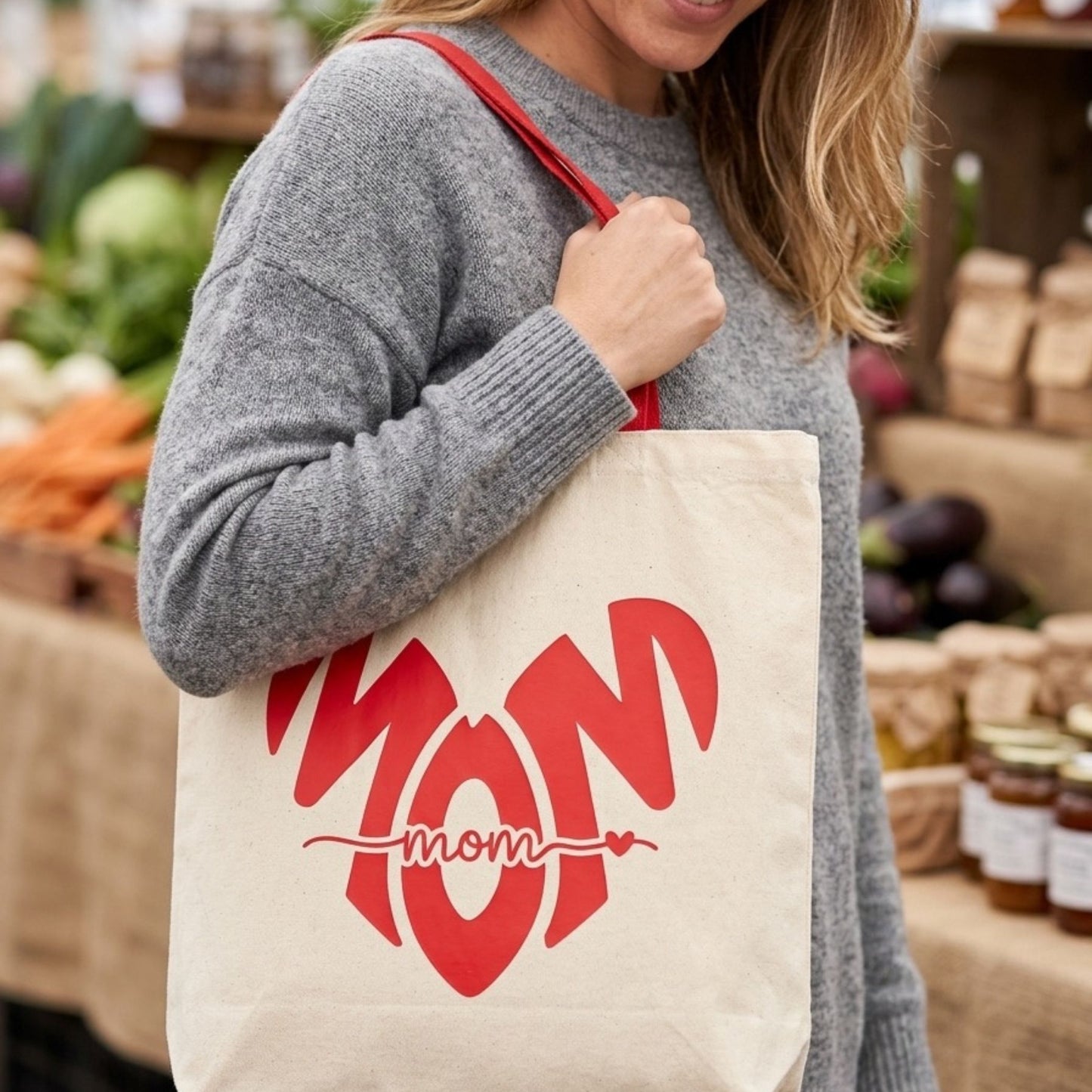 Mom canvas tote bag with bold red design, perfect reusable Mother’s Day gift for everyday use
