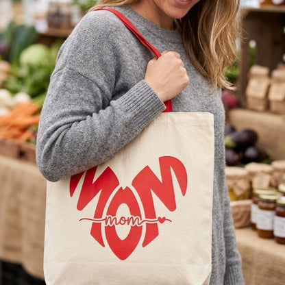 Mom canvas tote bag with bold red design, perfect reusable Mother’s Day gift for everyday use