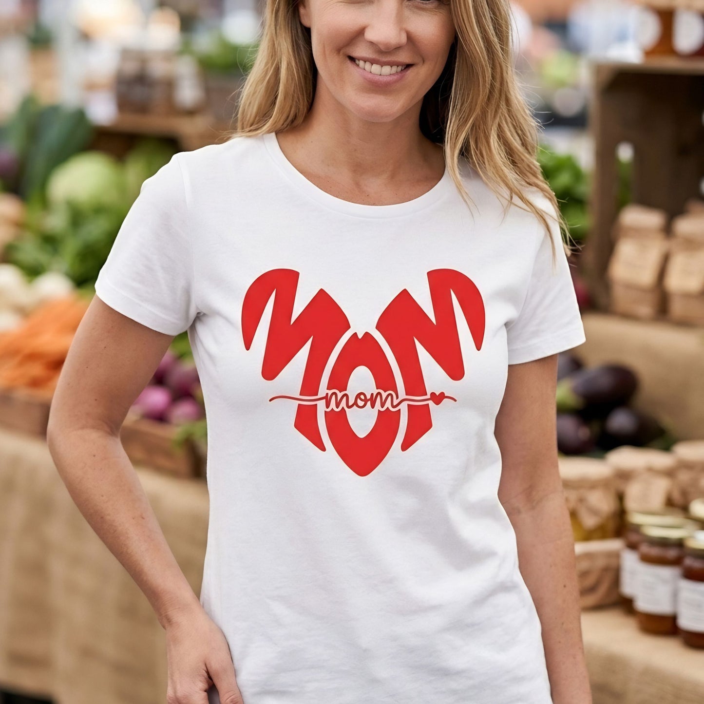     White mom graphic t-shirt with bold red design, perfect Mother’s Day gift for moms