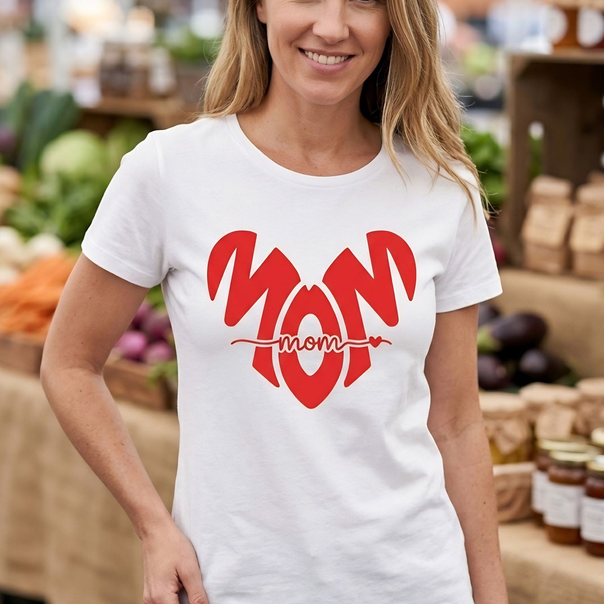     White mom graphic t-shirt with bold red design, perfect Mother’s Day gift for moms