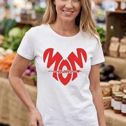     White mom graphic t-shirt with bold red design, perfect Mother’s Day gift for moms