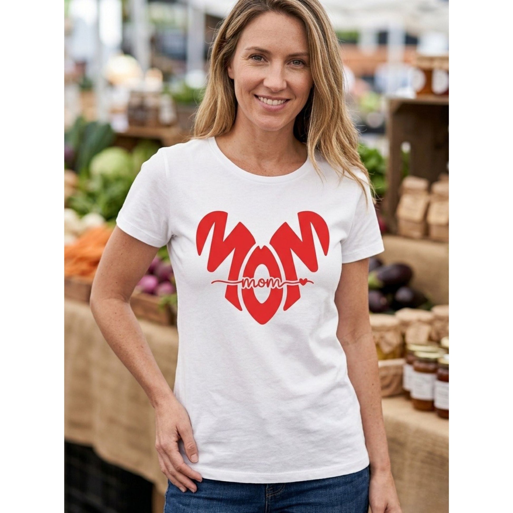 Woman wearing a white t-shirt with red text at an outdoor market.