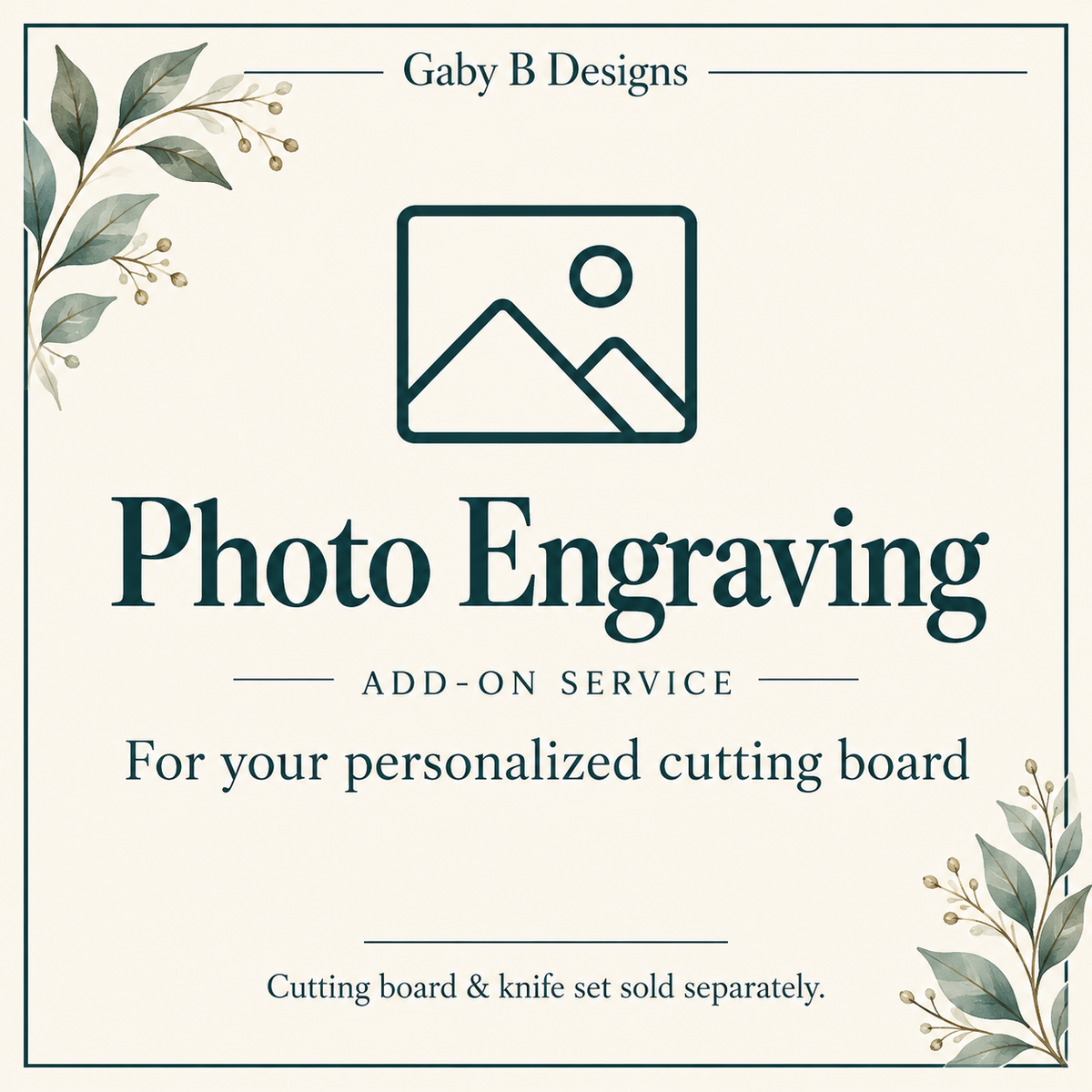 Photo engraving add-on service for a personalized cutting board; cutting board and knife set sold separately