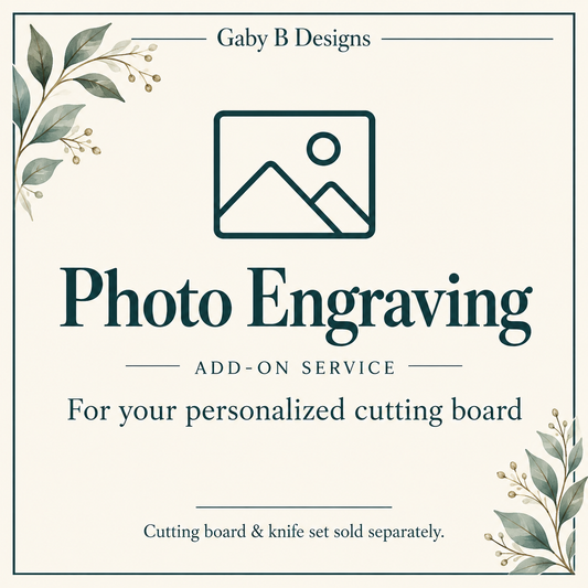 Photo engraving add-on service for a personalized cutting board; cutting board and knife set sold separately