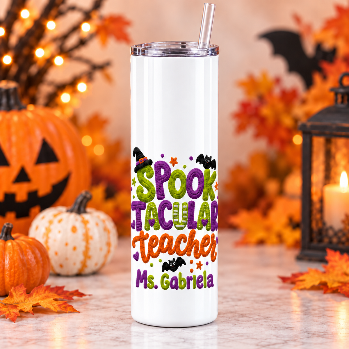 Personalized Spooktacular Teacher 20 oz skinny tumbler with lower design placement