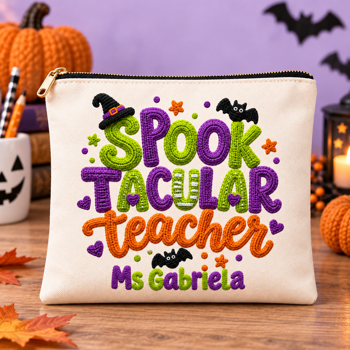 Personalized Spooktacular Teacher makeup bag with Ms Gabriela sample name