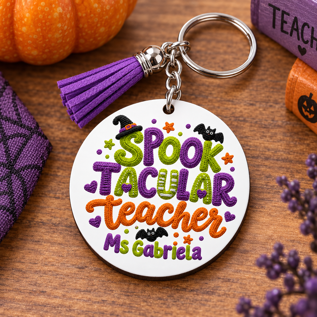 Personalized Spooktacular Teacher round wooden keychain with purple tassel